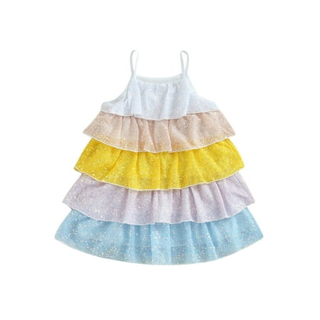 

Sunisery Kids Girls Dress Contrast Color Sequins Tiered Ruffles Sleeveless Cami Dress Summer Casual Princess Dress Colorful 4-5 Years
