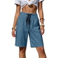 thumbnail image 4 of Yteetum Women's Bermuda Shorts Summer Elastic Waist Drawstring Knee Length Shorts Casual Solid Loose Fits Lightweight Comfy Workout Shorts, 4 of 7