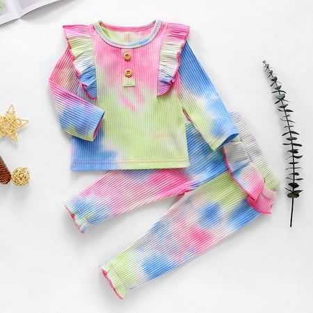 

Tejiojio Girls and Toddlers Soft Cotton Clearance Toddler Baby Girls Long Sleeve Rainbow Tie-Dyed Ruffles Tops+Pants Outfits