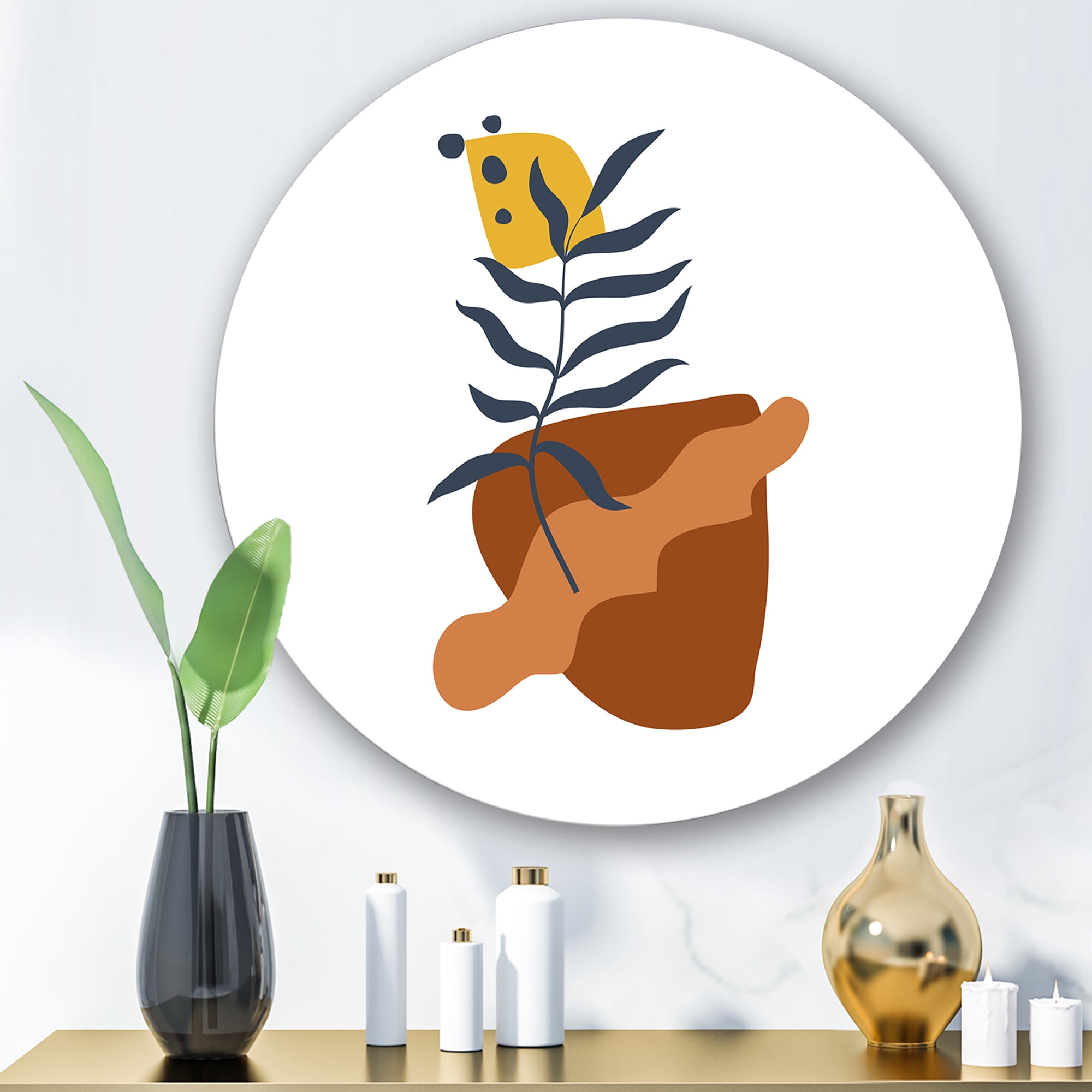 Designart 'Abstract Flowers Plants With Elementary Shapes VI' Modern Circle Metal Wall Art 11x11 - Disc of 11
