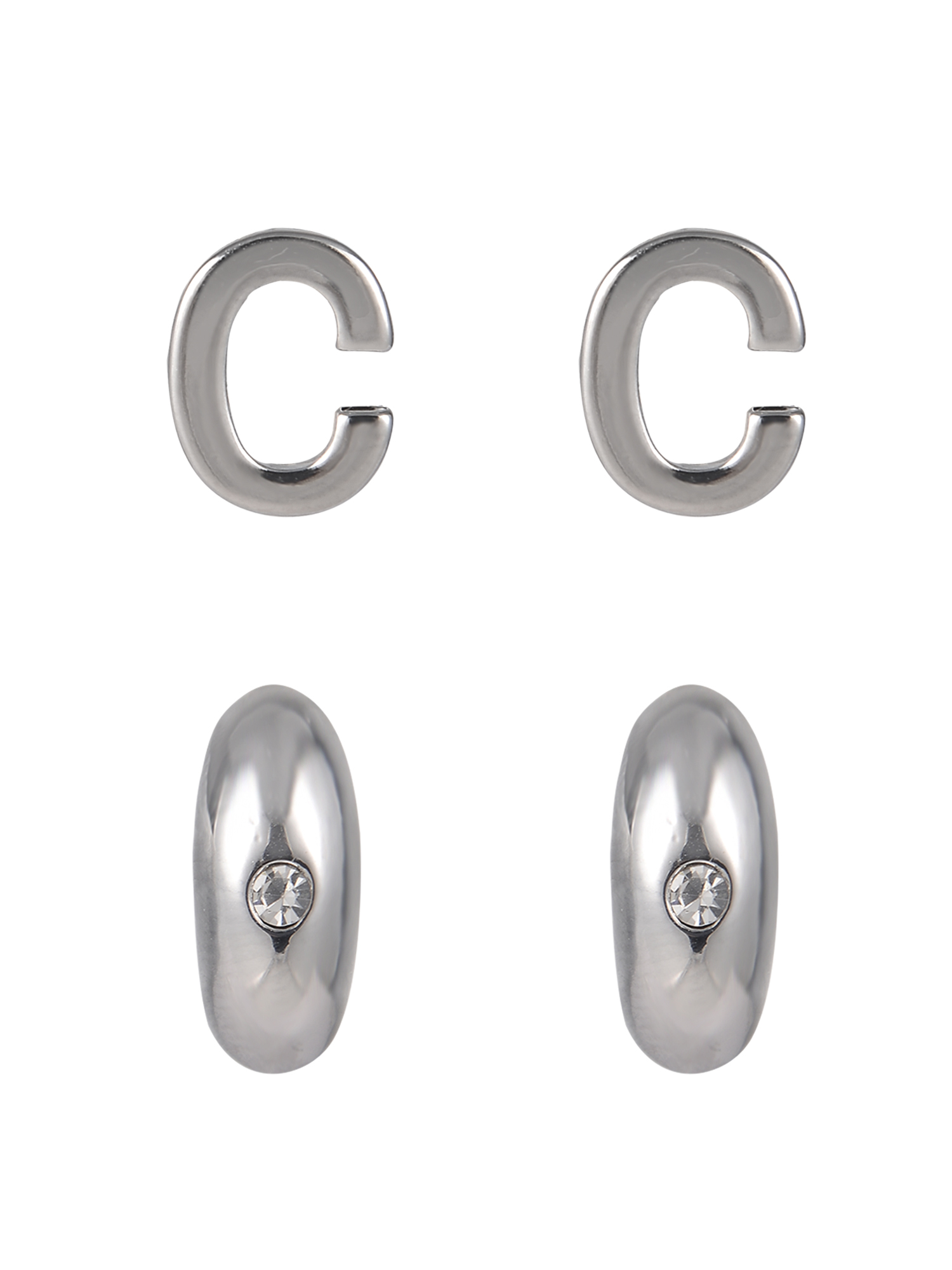 Time and Tru Silvertone 3-On Crystal Stud, Hoop, Initial "C" Earring Set