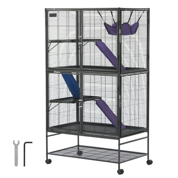 KFFKFF 64.6" Metal Small Animal Cage 4-Tier Rolling Ferret Cage with Tray 3 Ramps