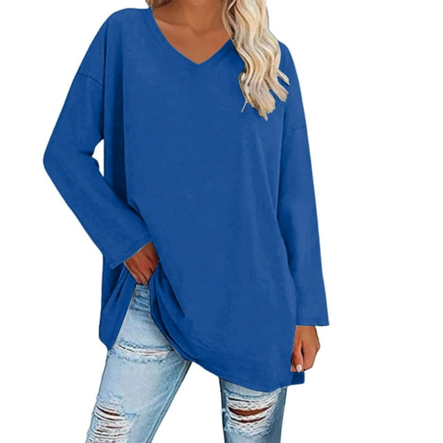 Breezora Tunique à Col Rond Surdimensionnée pour Femmes, Chemise à Manches Longues Rayée, Blouse Douce et Ample, Tenue Décontractée Décontractée, Confort Quotidien 2026, Taille P, Bleu