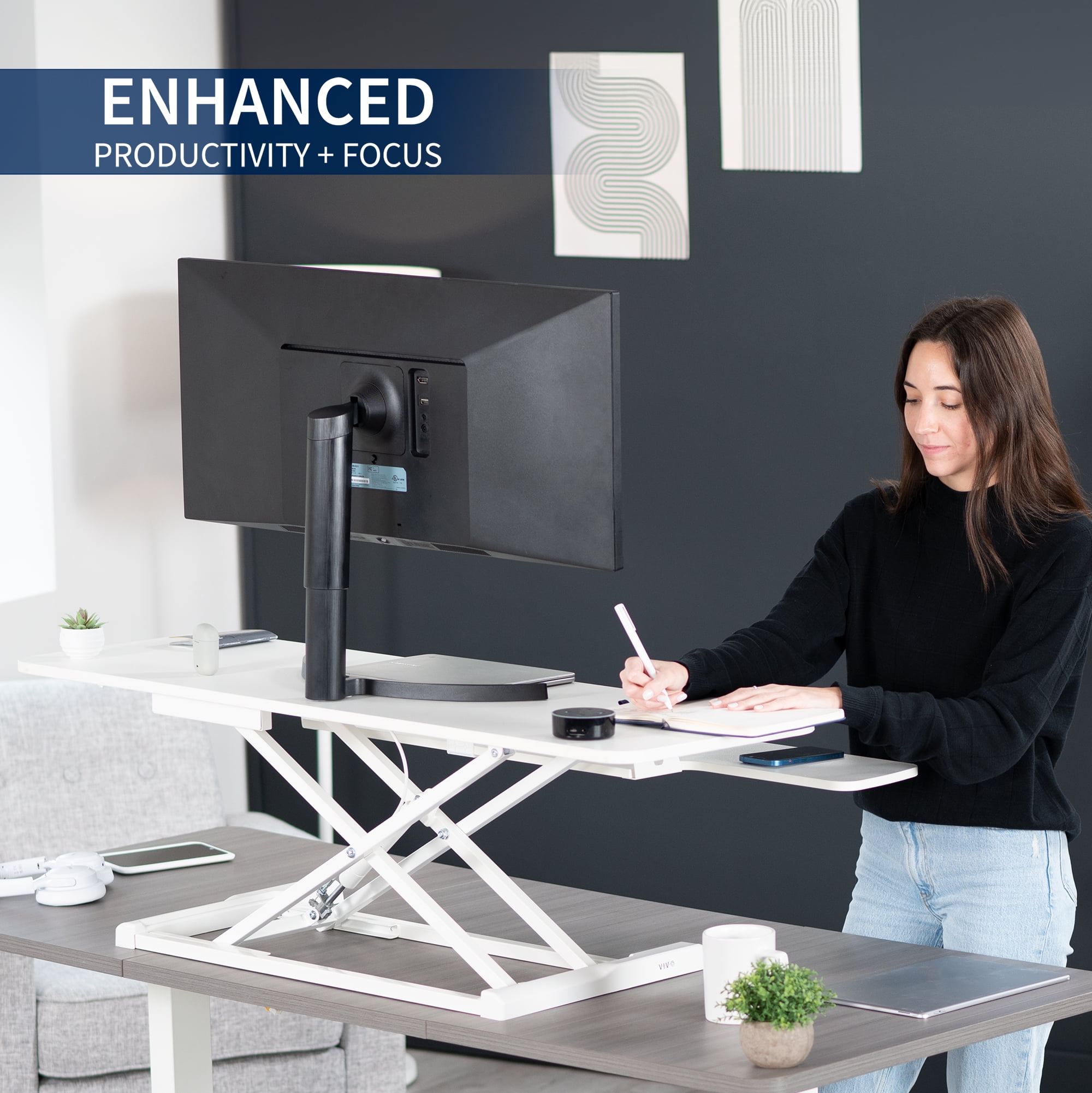 VIVO White Height Adjustable 48" Standing Desk Monitor Riser, Sit Stand Tabletop