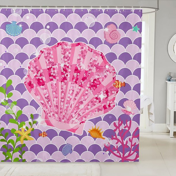 Pink Sequined Shell Shower Curtain Purple Fish Scale Bath Curtain for