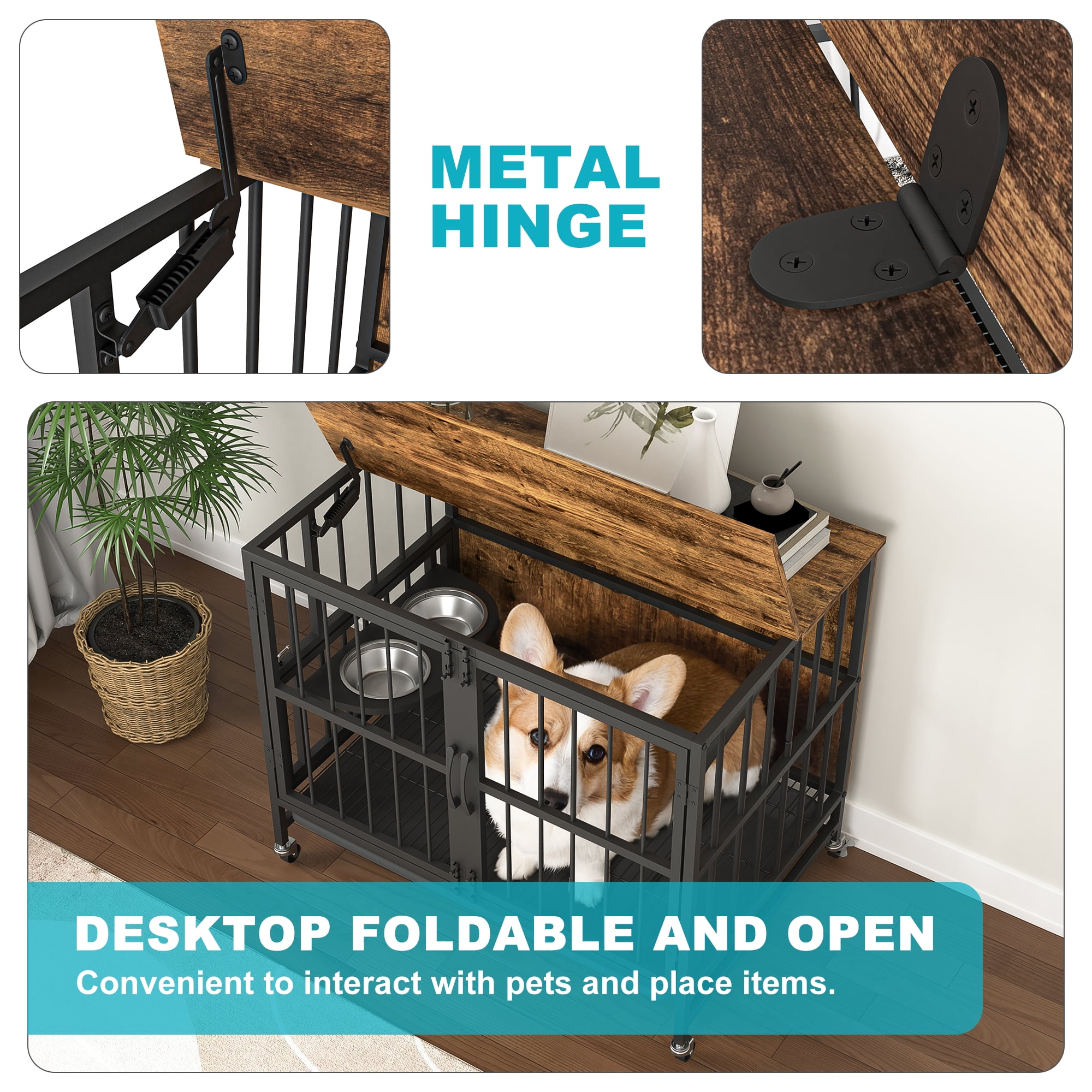 Pefilos 31" Dog Crate with Feeding Bowl, Wheels, Flip-Up Top Opening Kennel with Trays, Furniture Style Dog Cage for Indoor Dogs, Brown Pefilos 31" Dog Crate with Feeding Bowl, Wheels, Flip-Up Top Opening Kennel with Trays, Furniture Style Dog Cage for Indoor Dogs, Brown
