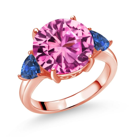Gem Stone King 18K Rose Gold Plated Silver Pink Created Sapphire and Blue Created Sapphire 3-Stone Ring for Women (8.88 Cttw, Round 12MM, Trillion 5MM, Size 5)