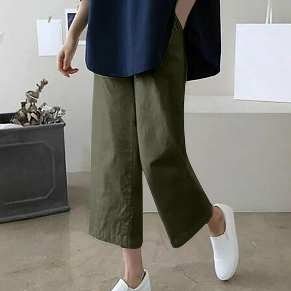 Women Capri Pants On ! Cagogo Summer Linen Cotton Capris Pants for Womens Wide Leg Casual Trendy Palazzo Pants Stretch Elastic Waist Plus Size Soft Yoga Capris