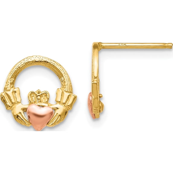 14K Two-Tone Claddagh Post Earrings (10 X 10) Made In Peru tf397