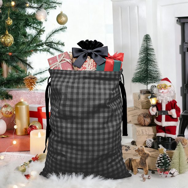 Bolsa de regalo de Navidad con cordón grande de tela de cuadros | 27,56 x 19,69 in | Saco reutilizable de tela para regalos navideños, caramelos y artículos para fiestas | Colores festivos Negro