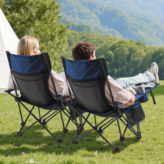 Reclining Camping Chair, 4 Adjustable Positions, Portable Folding Lounger for Adults, Mesh Beach Chair with Headrest & Foot Rest, Supports 220 lbs, Heavy Duty Camp Chairs for , Blue