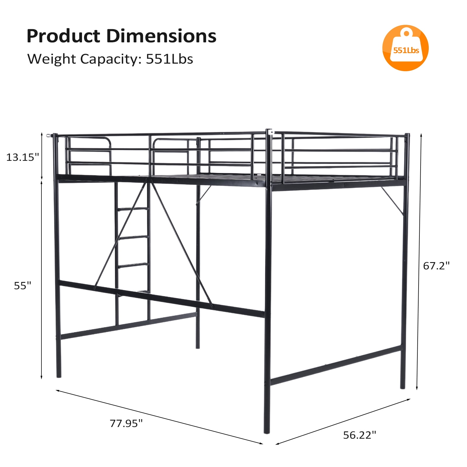 Ktaxon Loft Bed Full Size with Flat Rungs, No Box Spring Required,Heavy Duty Metal Slat Support,Black