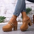 thumbnail image 3 of Rokment Womens Platform Chunky High Heels Mary Jane Mules Sandals Summer Fall Trendy Casual Buckles Leather Closed Toe Block Heeled Slingback Dressy Footwear with Back Straps Brown Size 8.5, 3 of 4