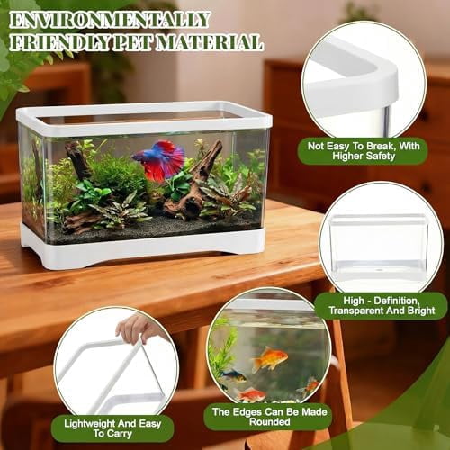2 Gallon Plastic Rectangular Fish Tank, Aquarium for Betta Fish Reptiles Succulents Flower Centerpiece, Shatterproof with Clear Clarity for Home Office Desktop Decors (White)