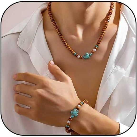 Turquoise Beads Necklace Bracelect for Men Western Summer Boho Beach Pendant Choker Bracelect Jewelry Set