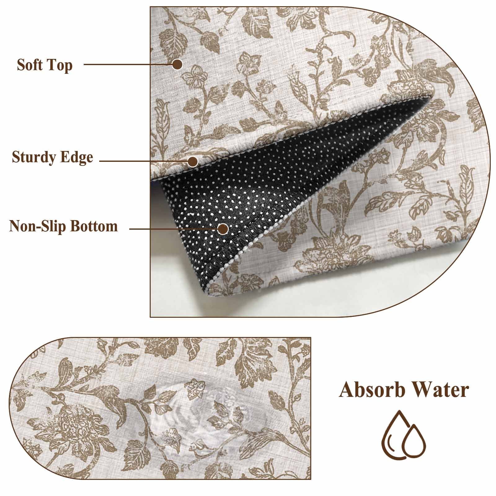 Farmhouse Khaki Bathroom Mat 2x3 FT, Non Slip Small Kitchen Mat, Vintage Flower Leaf Botanical Plant Washable Soft Backed Front Door Throw Rug Non-Shedding Indoor Outdoor Doormat for Entryway Sink