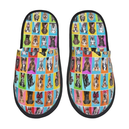 Balery Cute Dogs Collage Slient Indoor Furry Fleece Comfort House Shoes Soft Non-Slip Home Shoes Cotton slippers House Slippers-- Medium