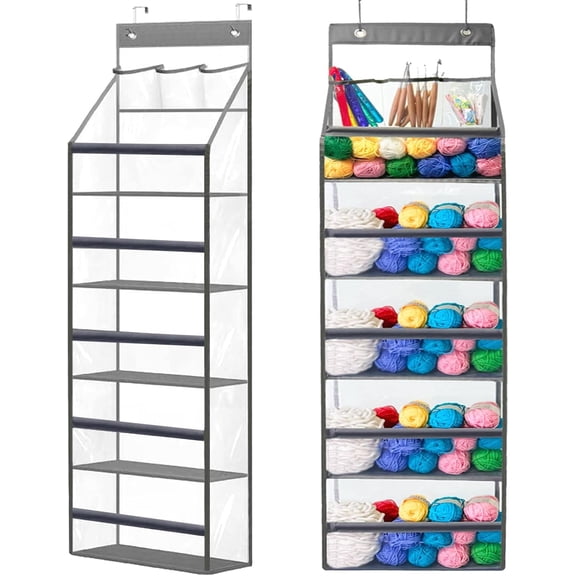 Hanging Yarn Storage Organizer,Large Capacity Bag with 5 Balls Pockets & 3 Top Crochet/Knitting Needles Pockets,Transparent Door Knitting Organizer