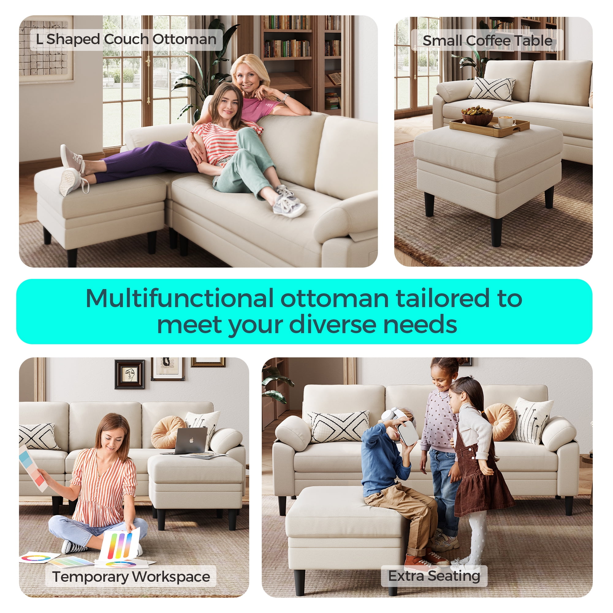 LINSY HOME 82" Reversible Sectional Sofa Couch, 3 Seater L -Shaped Sofa with Movable Ottoman for Living Room, Beige