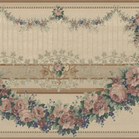 879087 Gold Satin Victorian Floral Swag Wallpaper Border ONB60785