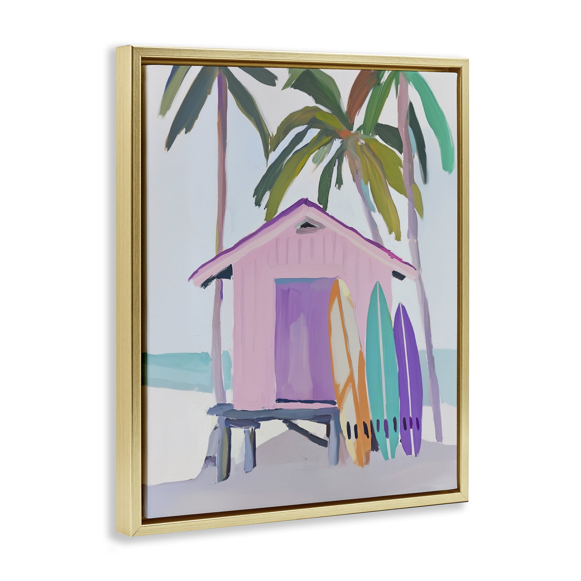Stupell Industries Pink Beach Hut with Surfboards Gold Framed Floater Canvas Wall Art, design by Sisi and Seb