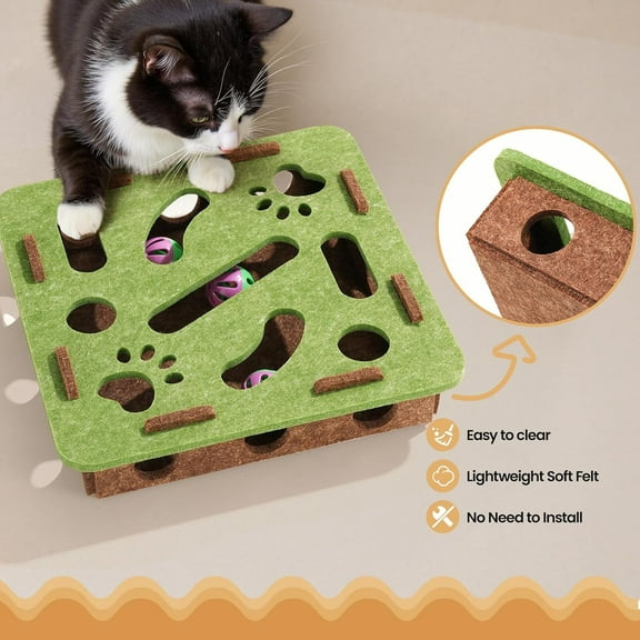 24bridge Interactive Cat Puzzle Toy Box – Felt Digging Toy with 3 Bell Balls – Green/Brown