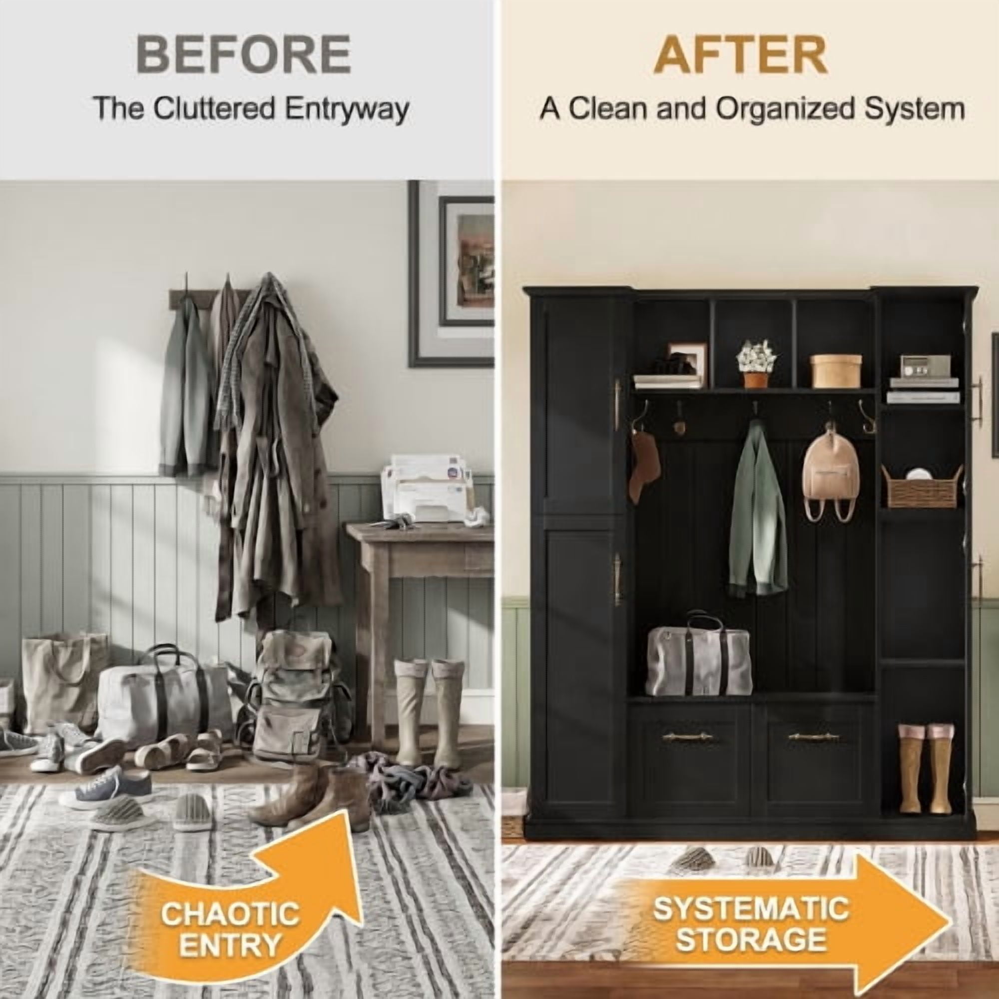 Farmhouse Hall Tree with Bench, Beadboard Back Panel, 4 Side Cabinets, Adjustable Shelves, Open Cubbies, Coat Rack & 5 Hooks, Entryway Mudroom Furniture, Black