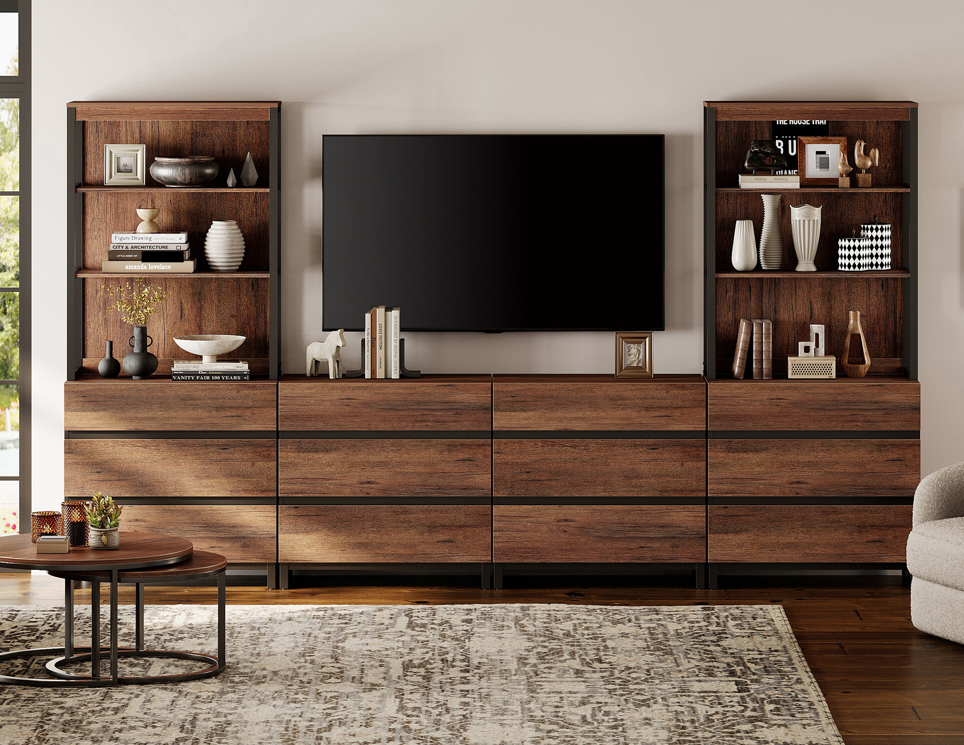WAMPAT Modern TV Stand with 3 Tiers Bookshelf, Farmhouse Entertainment Center with 12 Drawers and Adjustable Shelf, Wooden Media TV Console with Black Metal Leg for Living Room, Brown