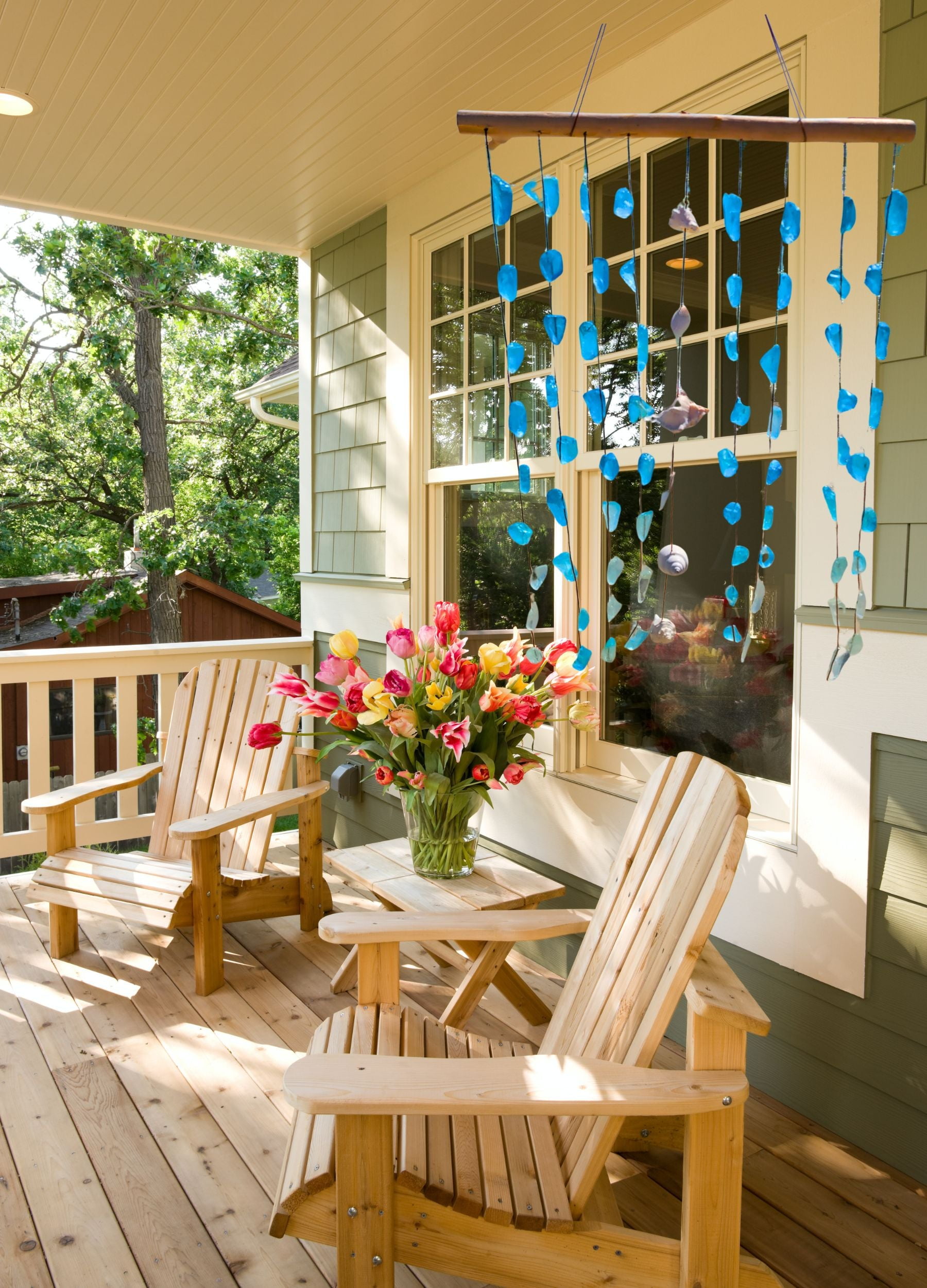 Blue Sea Glass Hanging Wind Chimes Wall Art, Handcrafted with Natural Seashells & Blue Seaglass & Driftwood