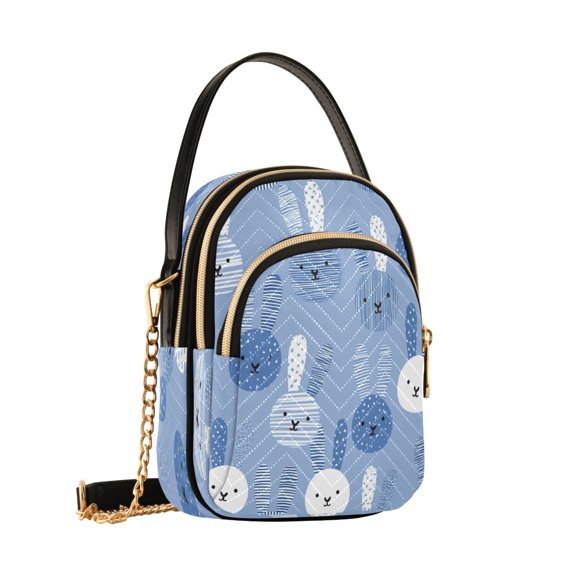 Women's Quilted Crossbody Bag Small Shoulder Tote Purse with 3 Zipper Pockets Striped Blue Rabbit