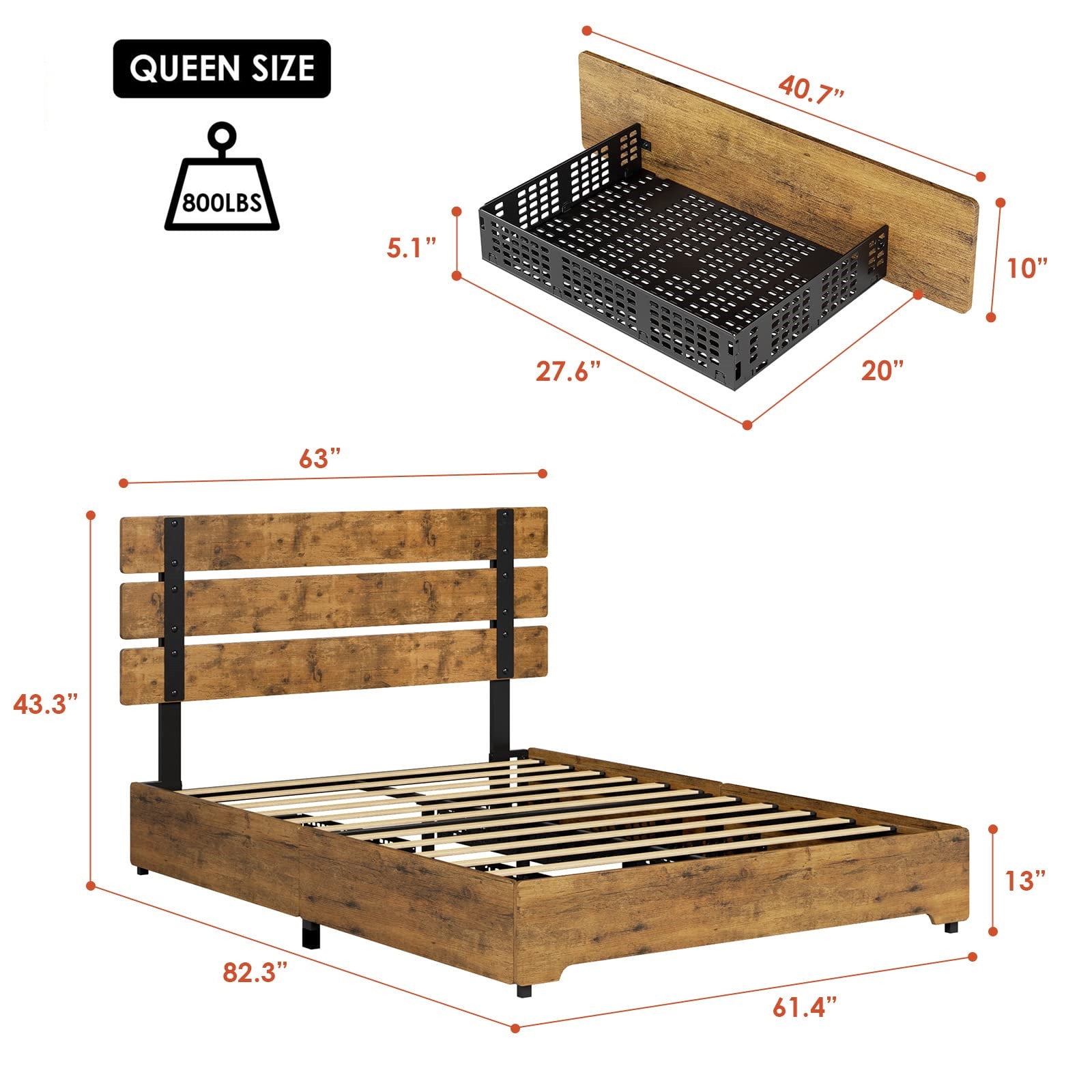 Homfa Queen Bed Frame with 4 Storage Drawers, Industrial Wood and Metal Panel Headboard, Rustic Brown