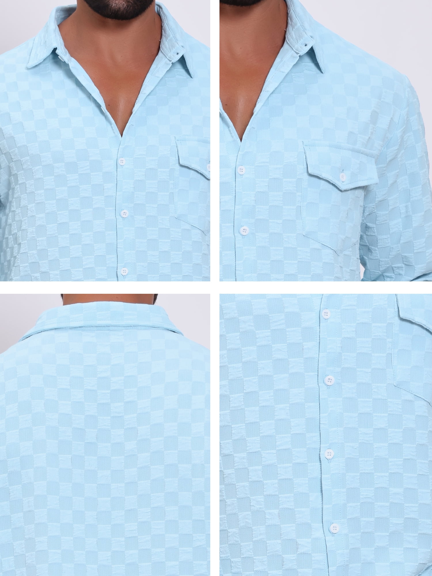 DARING DIVA Men's Plaid Textured Casual Long Sleeve Button Down Shirt XL Sky Blue