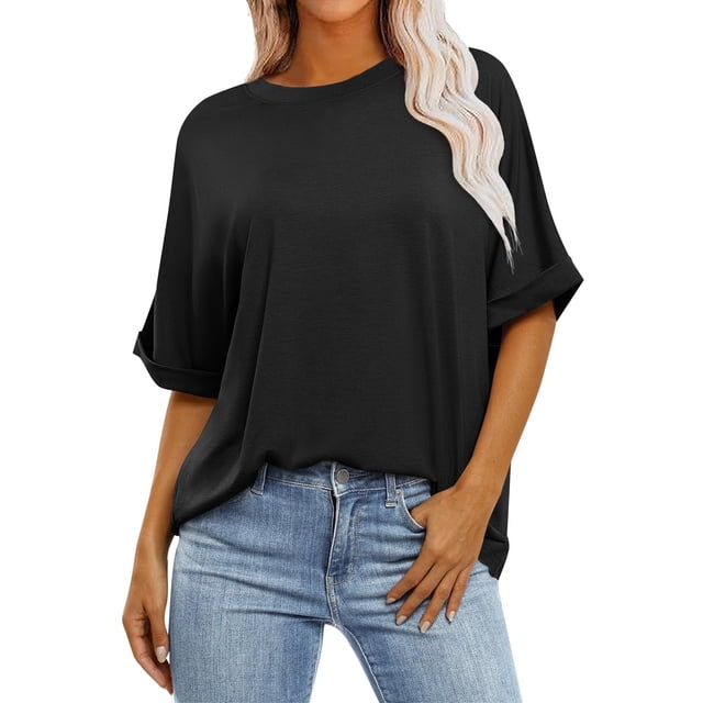 Yuyuzo T-Shirts d'Été pour Femmes à Col Rond, Manches Mi-Longues, Coupe Ample, Chemises Décontractées Unies, T-Shirts Basiques