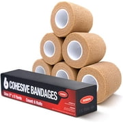 RISEN Cohesive Bandage 2" x 5 Yards, 6 Rolls, Self Adherent Wrap Medical Tape, Adhesive Flexible Breathable First Aid Gauze Ideal for Stretch Athletic, Ankle Sprains & Swelling, Sports, Human, An