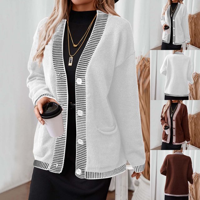 Women's Chic V-neck Cardigan, Solid Color Long Sleeve Knit Top, Lightweight Polyester Fabric, Button Front Relaxed Fit, Designed for Layering in Fall and Winter