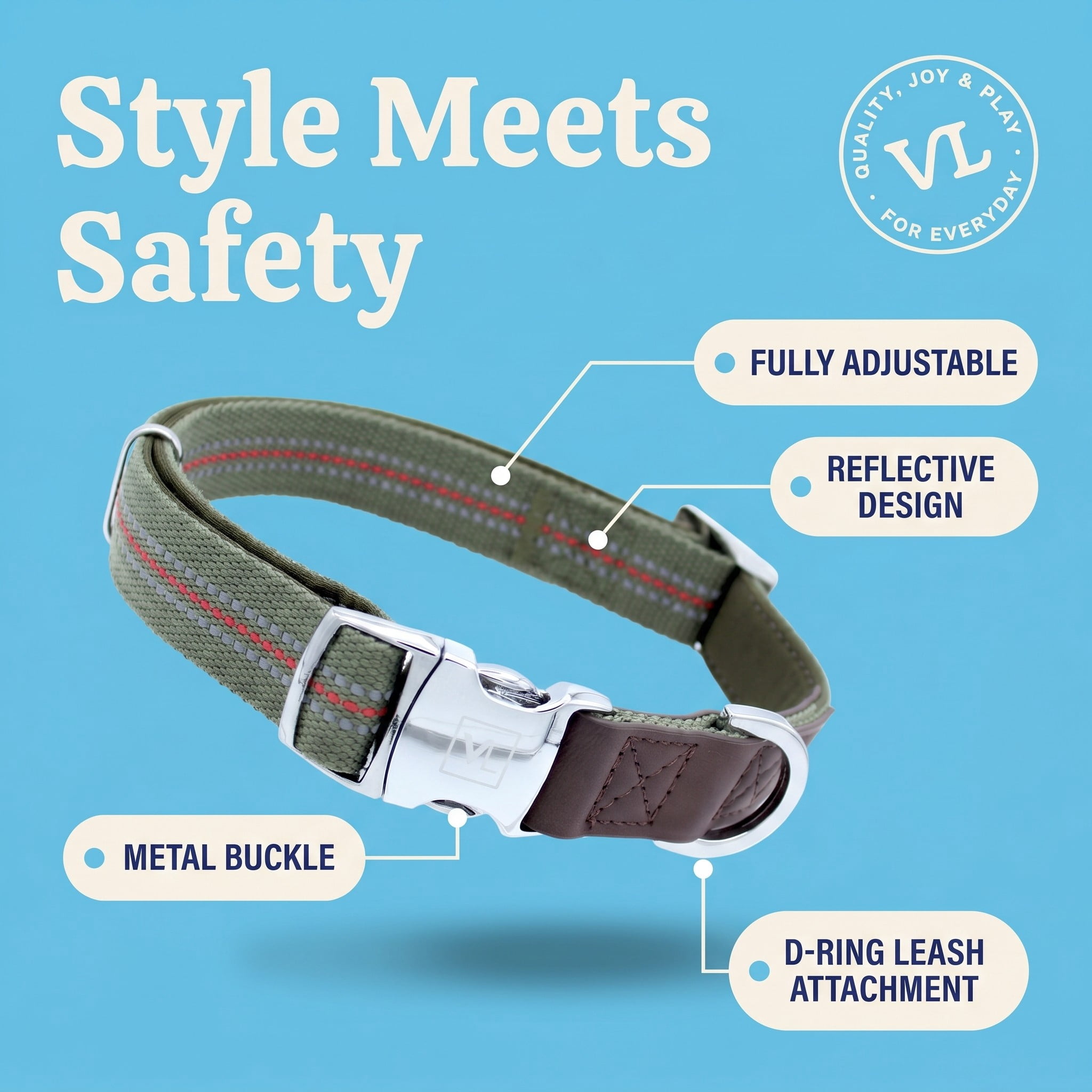 Vibrant Life Reflective Adjustable Dog Collar, Olive Green, Large