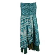 Mogul Womens Vintage Recycled Silk Sari Two Layer Versatile Dual Design Printed 2 In 1 Dress And Maxi Skirts