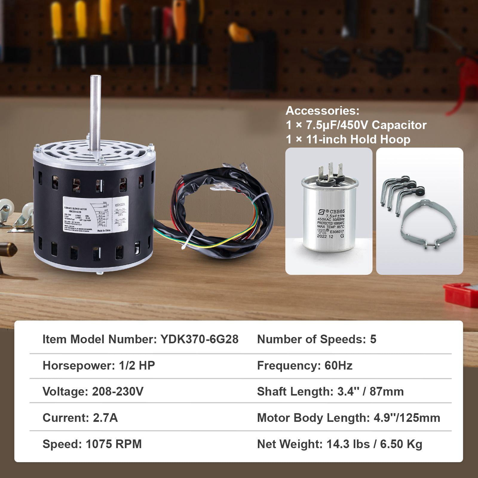 1/2 HP Furnace Blower Motor 208 230 Volts 2.7 Amps 1075 RPM 5 Speed Forward Reverse Rotation 48 Frame 3.4 Inch Shaft 7.5 Microfarad 450 Volt Capacitor with 11 Inch Retaining Ring