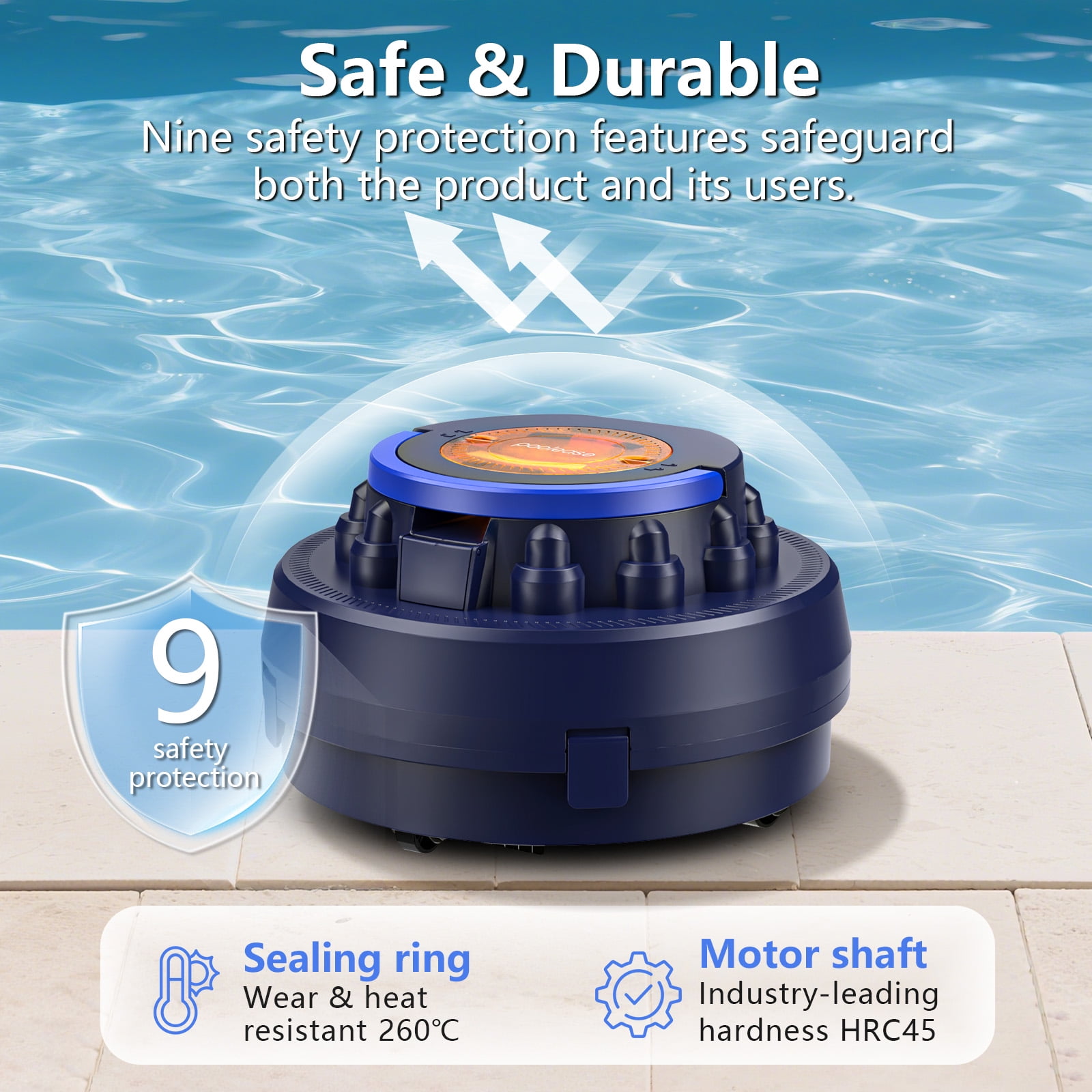 Poolease Swimming Pool Vacuum, Cordless Robotic Pool Cleaner, 2L Debris Tank, Auto-Parking, 9 Safety Protections, 40% Bigger Suction Inlets, for Pool Cleaning