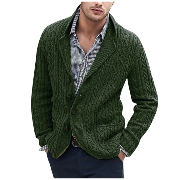 Men's Shawl Collar Cable Knit Cardigan Button Front Long Sleeve Sweater Jacket