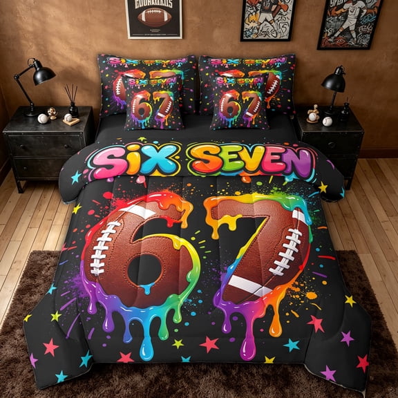 meiyoeat Graffiti Dripping Football Twin Bedding for Boys, Rainbow 67 Number Stars Bedding Comforter Set, Black Reversible, 7 Pieces