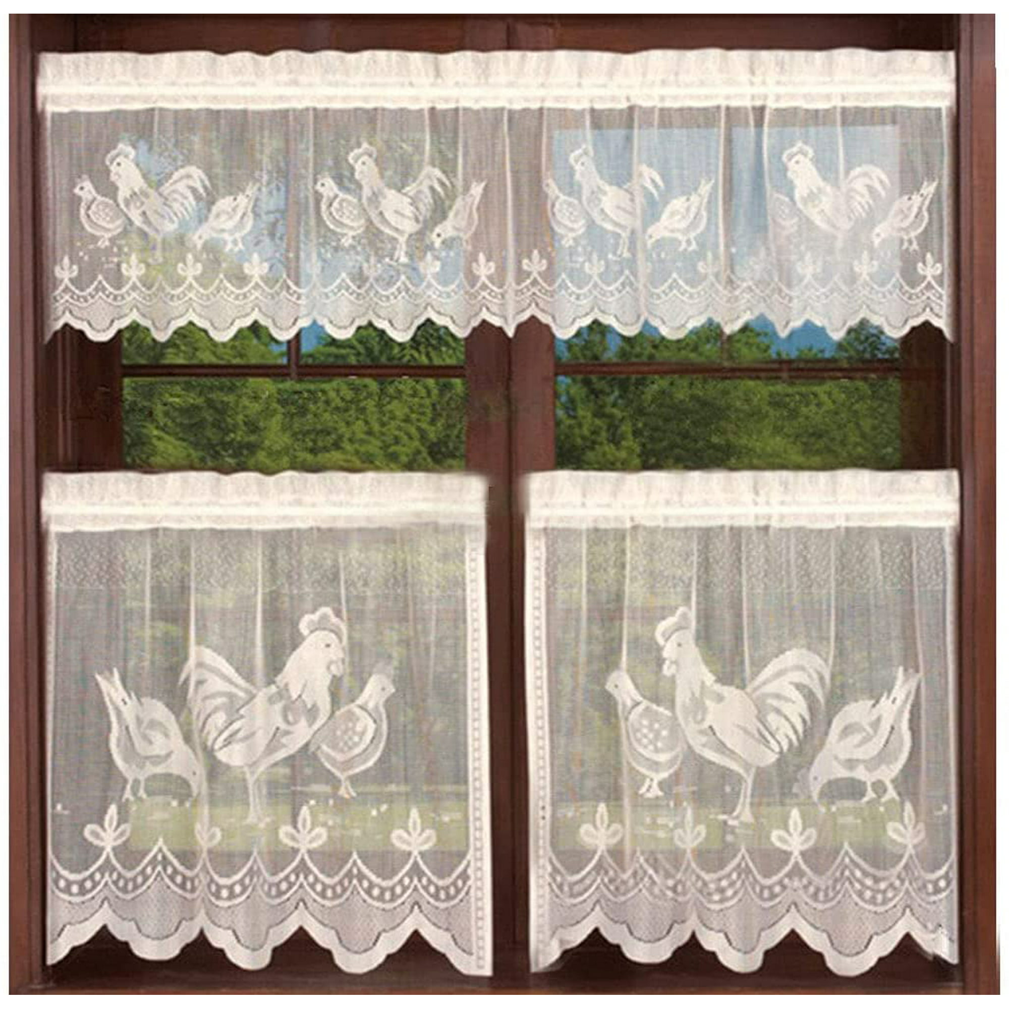 2 Tiers and 1 Valance Curtains, Sheer Kitchen Curtain Valance for Windows,  Chickens White Net Curtains, Animal Shape Decor Window Set for Cafe Bistro,  1 Pcs W150H36 cm, 2 Pcs W75H90 cm | Walmart Canada