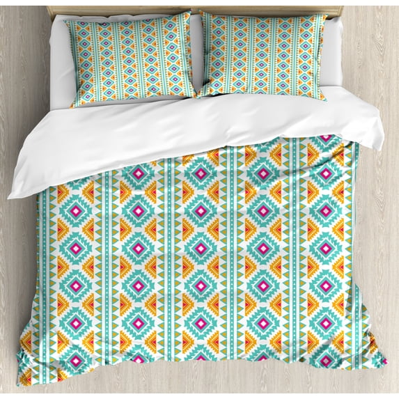 Ethnic Duvet Cover Set Queen Size, Colorful Motif Abstract Vertical Geometric Pattern, Decorative 3 Piece Bedding Set with 2 Pillow Shams, Magenta Dark Seafoam Marigold White, by Ambesonne