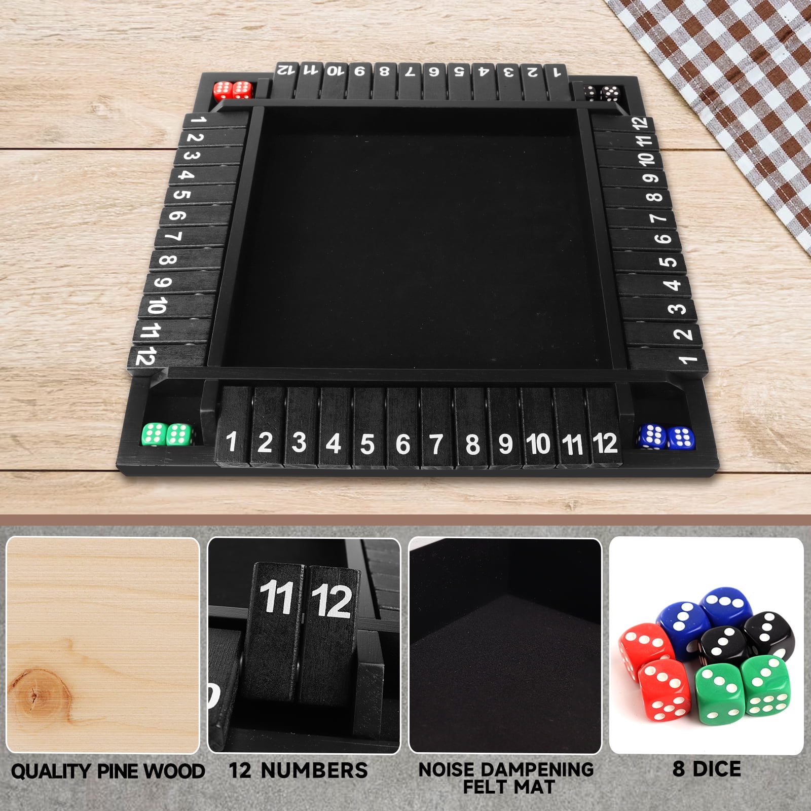 GSE Games & Sports Expert 4-Player 12 Numbers Wooden Shut The Box Dice Board Game with 8 Dices Classic Tabletop Version of Popular English Pub Game - Black