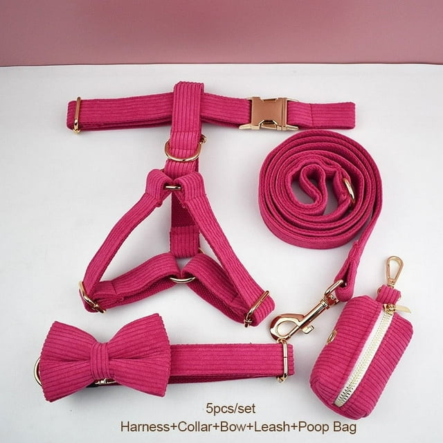 Red Corduroy Dog Collar And Leash Set With Custom Engraved Nameplate