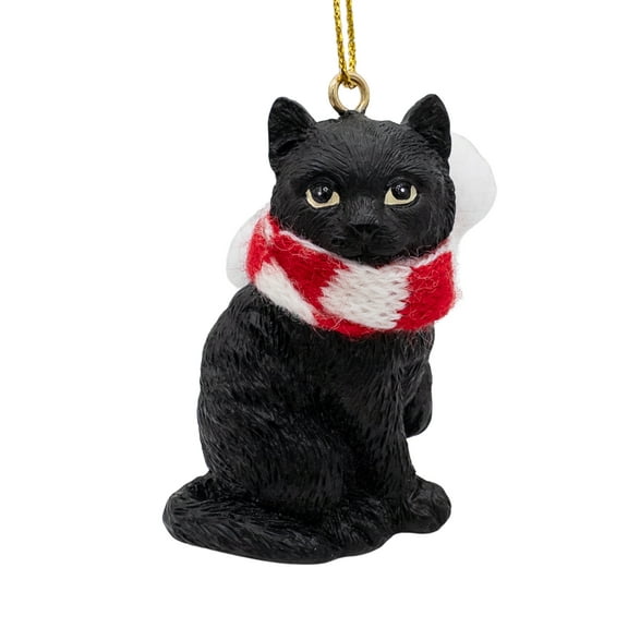Black Longhair Tabby Kitty Cat Christmas Tree Ornament with Candy Cane Scarf