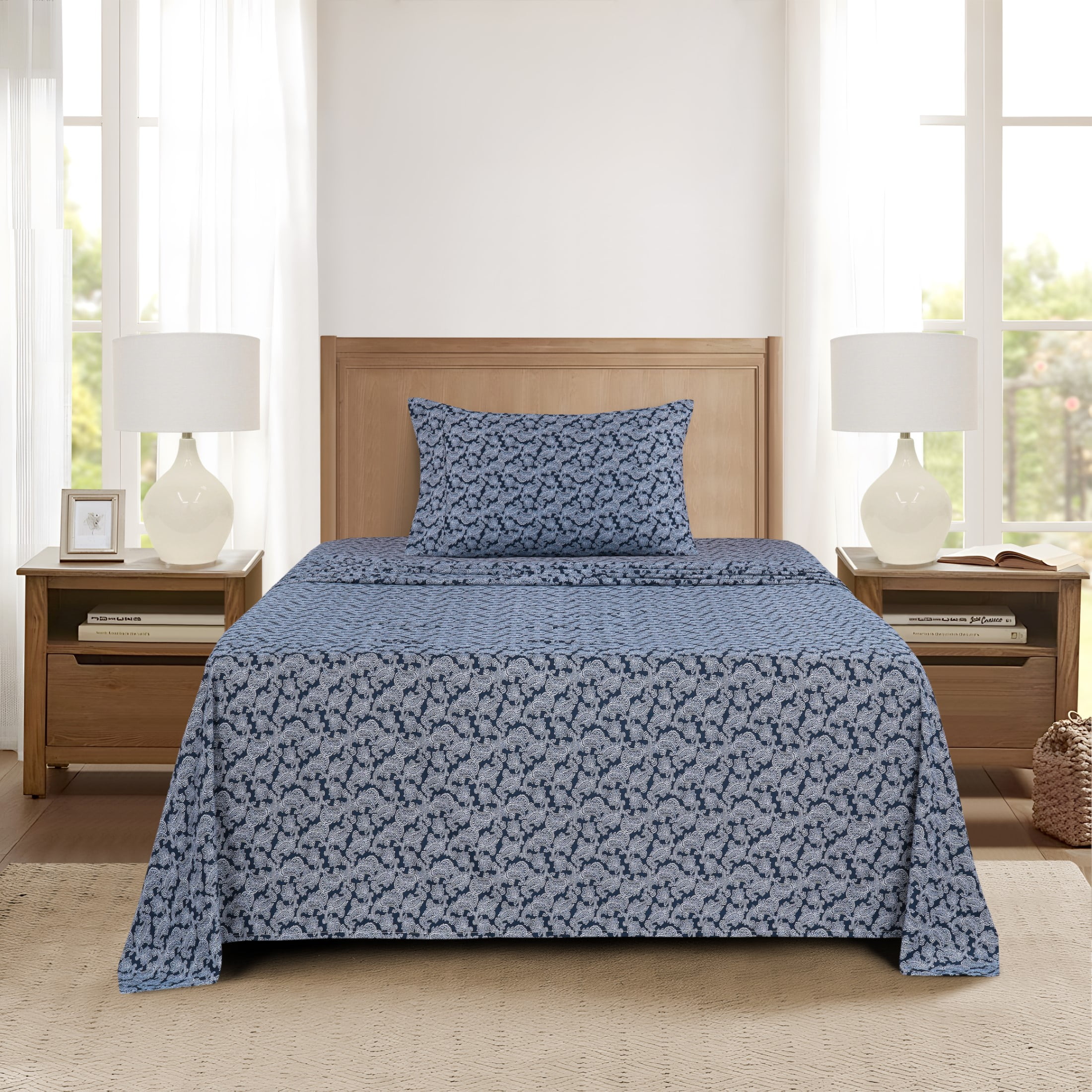 Mainstays Super Soft Brushed Microfiber Bed Sheet Set, Navy Blue Hayden Paisley Print, Twin-XL, 3 Piece
