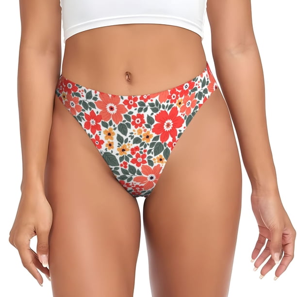 Balery Small Coral Red Flowers Tangas de Algodón para Mujer con Estampado – Ropa Interior Sexy, Transpirable, G-string-4X-Large