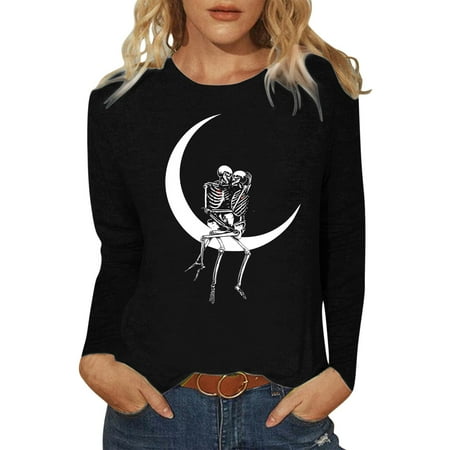 

ASEIDFNSA Plus Size Womens Pajamas Work Out Shirts Women Womens Long Sleeve Crew Neck Skeleton Printed Slim Fit Top T Shirt Casual Shirts Tee Blouse