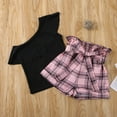 thumbnail image 5 of Douhoow 2-7Y Girls Summer Clothes Set Black Ruffle One Shoulder T-shirt High Waist Plaid Shorts, 5 of 8